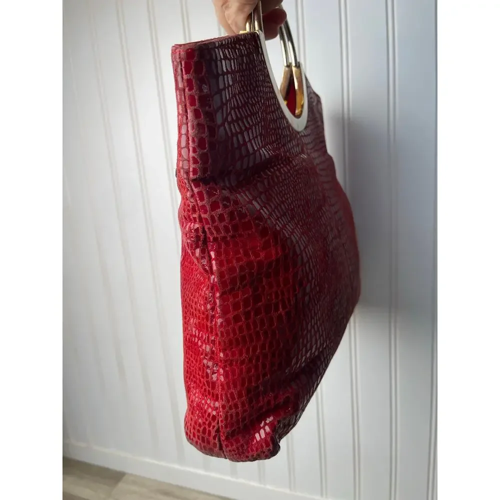 Purse Handbag Red Snakeskin Pattern Handbag Gold Metal Top Handle Unbranded
